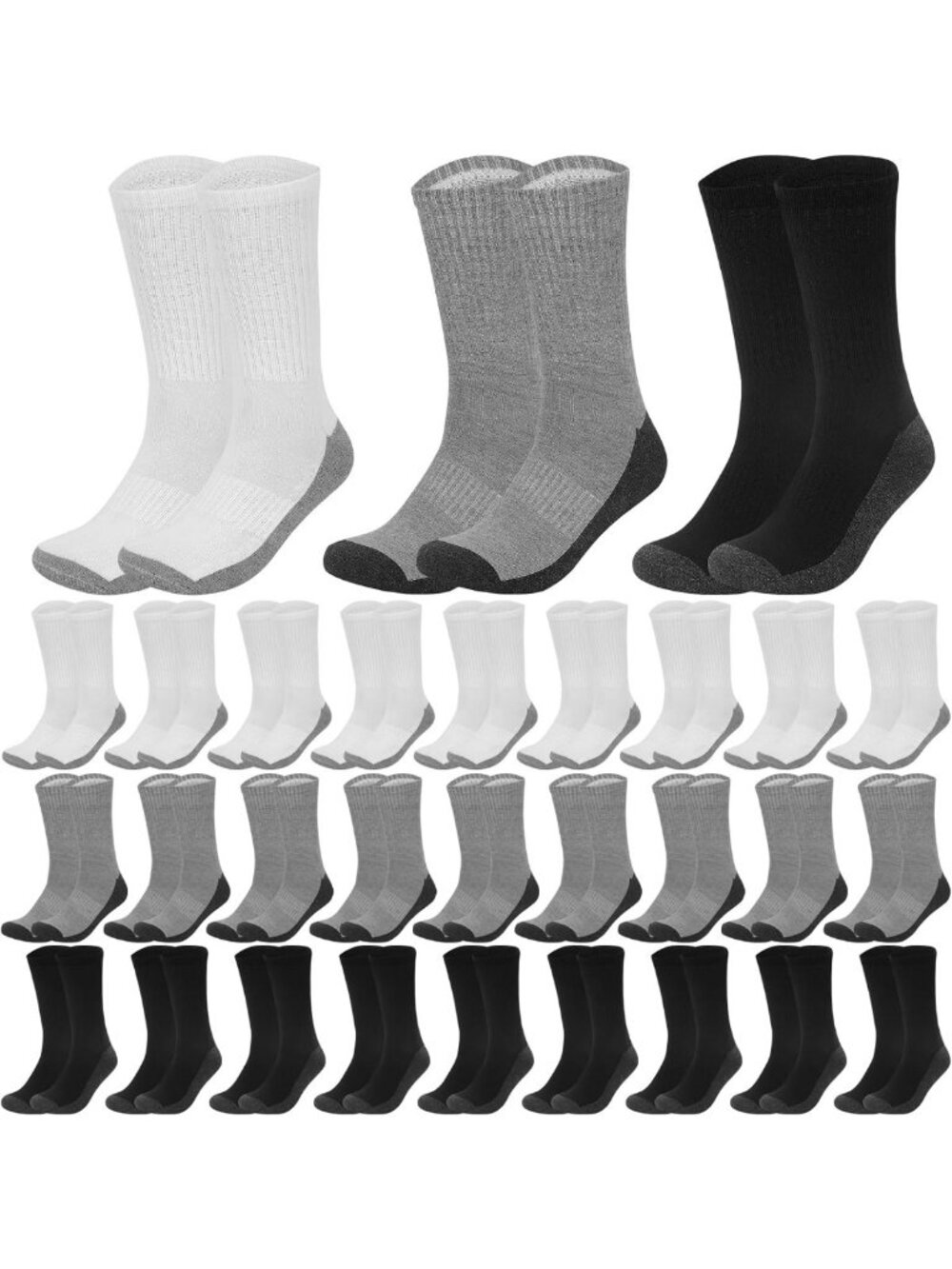 30 Pairs Men's Crew Athletic Socks - Cushioned Running & Outdoor Sports, Size